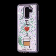 Чехол для Samsung Galaxy A6+ 2018 (A605) Блестки вода светло-розовый "я люблю кофе"