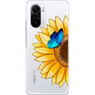 Чохол для Xiaomi Poco F3 Mixcase квіти соняшник з блакитним метеликом