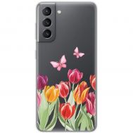 Чохол для Samsung Galaxy S21 FE (G990) Mixcase квіти тюльпани з двома метеликами
