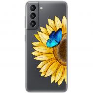 Чохол для Samsung Galaxy S21 FE (G990) Mixcase квіти соняшник з блакитним метеликом