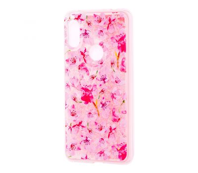 Чохол для Xiaomi Redmi Note 6 Pro блискітки вода рожевий "рожеві квіти"
