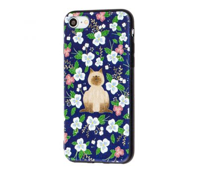 Чохол Fairy Tails для iPhone 7/8 кіт з квітами синій