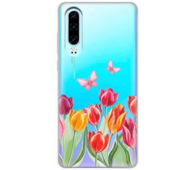 Чохол для Huawei P30 Mixcase квіти тюльпани з двома метеликами