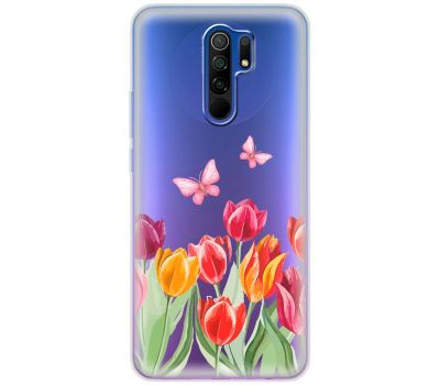 Чохол для Xiaomi Redmi 9 Mixcase квіти тюльпани з двома метеликами