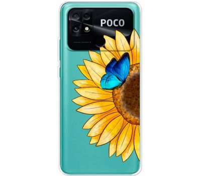Чохол для Xiaomi Poco С40 Mixcase квіти соняшник з блакитним метеликом