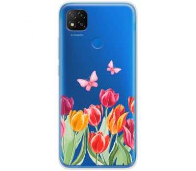 Чохол для Xiaomi Redmi 9C Mixcase квіти тюльпани з двома метеликами