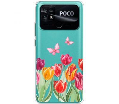 Чохол для Xiaomi Poco С40 Mixcase квіти тюльпани з двома метеликами