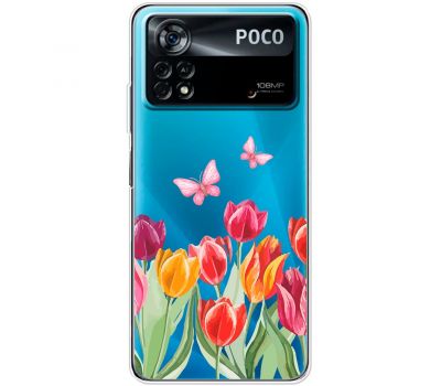 Чохол для Xiaomi Poco X4 Pro 5G Mixcase квіти тюльпани з двома метеликами
