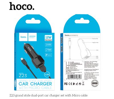 Автомобільний зарядний пристрій Hoco Z23 microUSB 2.4A 2USB чорний