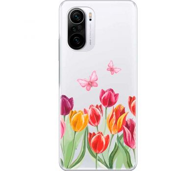 Чохол для Xiaomi Poco F3 Mixcase квіти тюльпани з двома метеликами