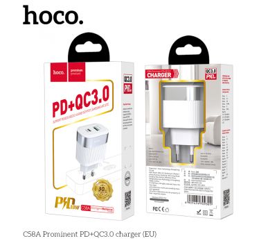 Мережевий ЗП Hoco C58A USB/Type-C 3A QC3.0 білий