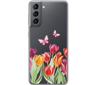 Чохол для Samsung Galaxy S21 (G991) Mixcase квіти тюльпани з двома метеликами