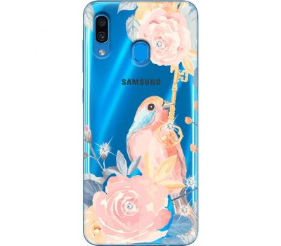 Чохол для Samsung Galaxy A20 / A30 MixCase стрази птах з квітами