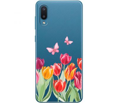 Чохол для Samsung Galaxy A02 (A022) Mixcase квіти тюльпани з двома метеликами